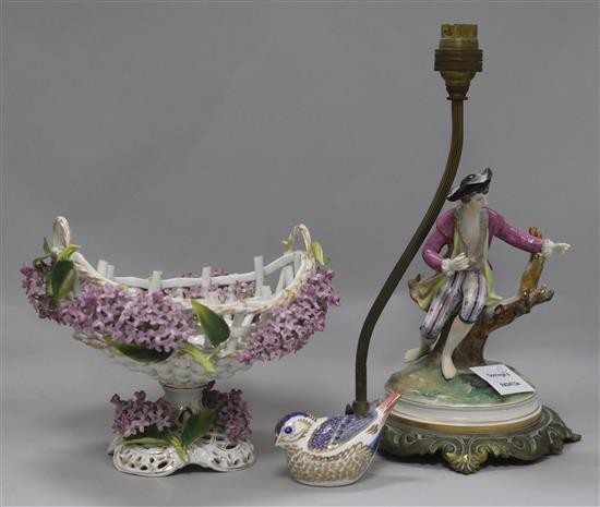 A German porcelain floral encrusted table centre, lamp base and wren H.5-29cm